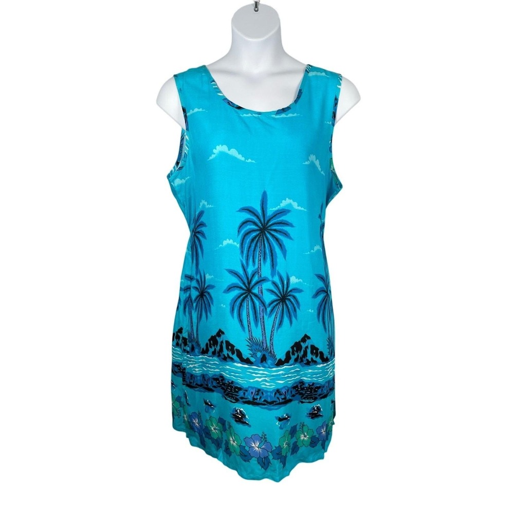 Vintage Jane Ashley Dress 1X Blue Hawaiian Tropical Lightweight Rayon Thailand